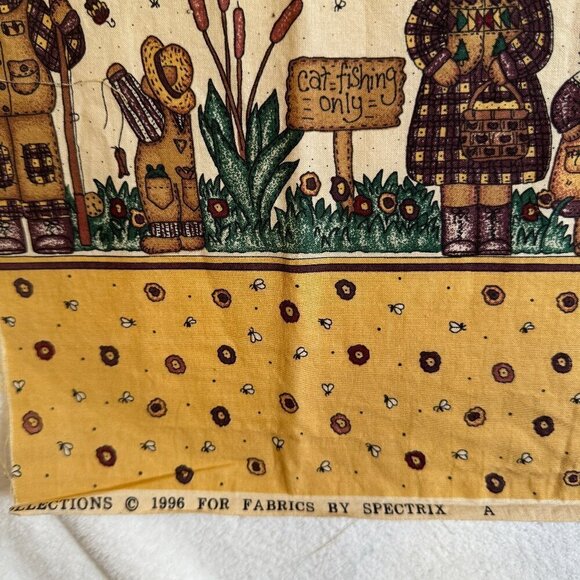 3 yards Vintage Cat Fishing Cotton Fabric Crafts Skirts Primitive Border - Picture 5 of 6